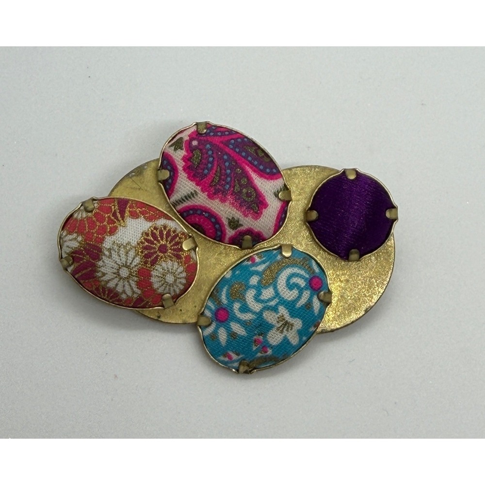 Vintage Kenzo Parfums Vintage Fabric Cabochon Brooch Gold Tone Mixed Pattern Pin